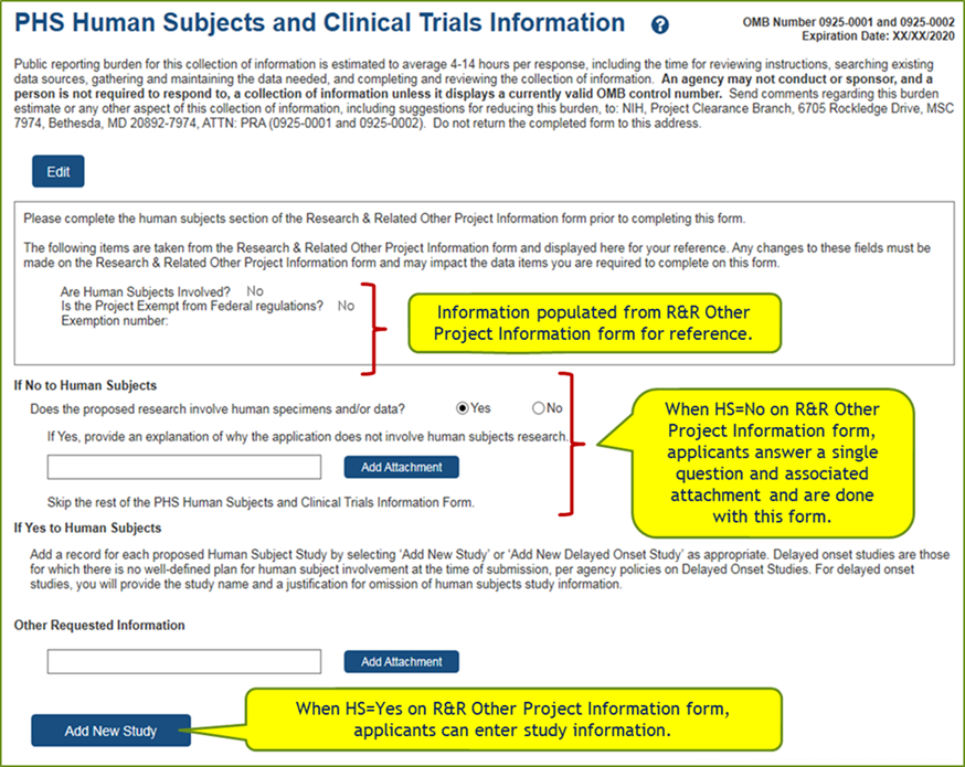 The PHS Human Subjects and Clinical Trials Information form landing page has several sections. The first section is the display of information entered on the R&R Other Project Information form , including whether Human Subjects are involved and exemption information.   The second section is used when Human Subjects = No. You must indicate whether your research involved human specimens and provide an explanation.  The third section is used when Human Subjects = Yes with buttons to add full or delayed onset studies.  An "Other Requested information" attachment is also available on the landing page. 